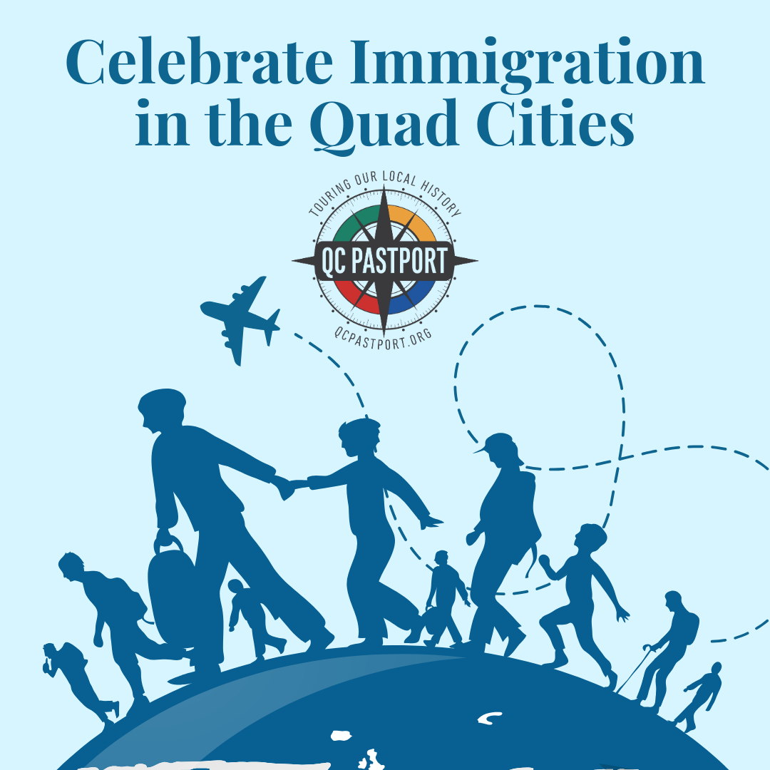 A silhouette of diverse people walking across the globe under the phrase "Celebrate Immigration in the Quad Cities"