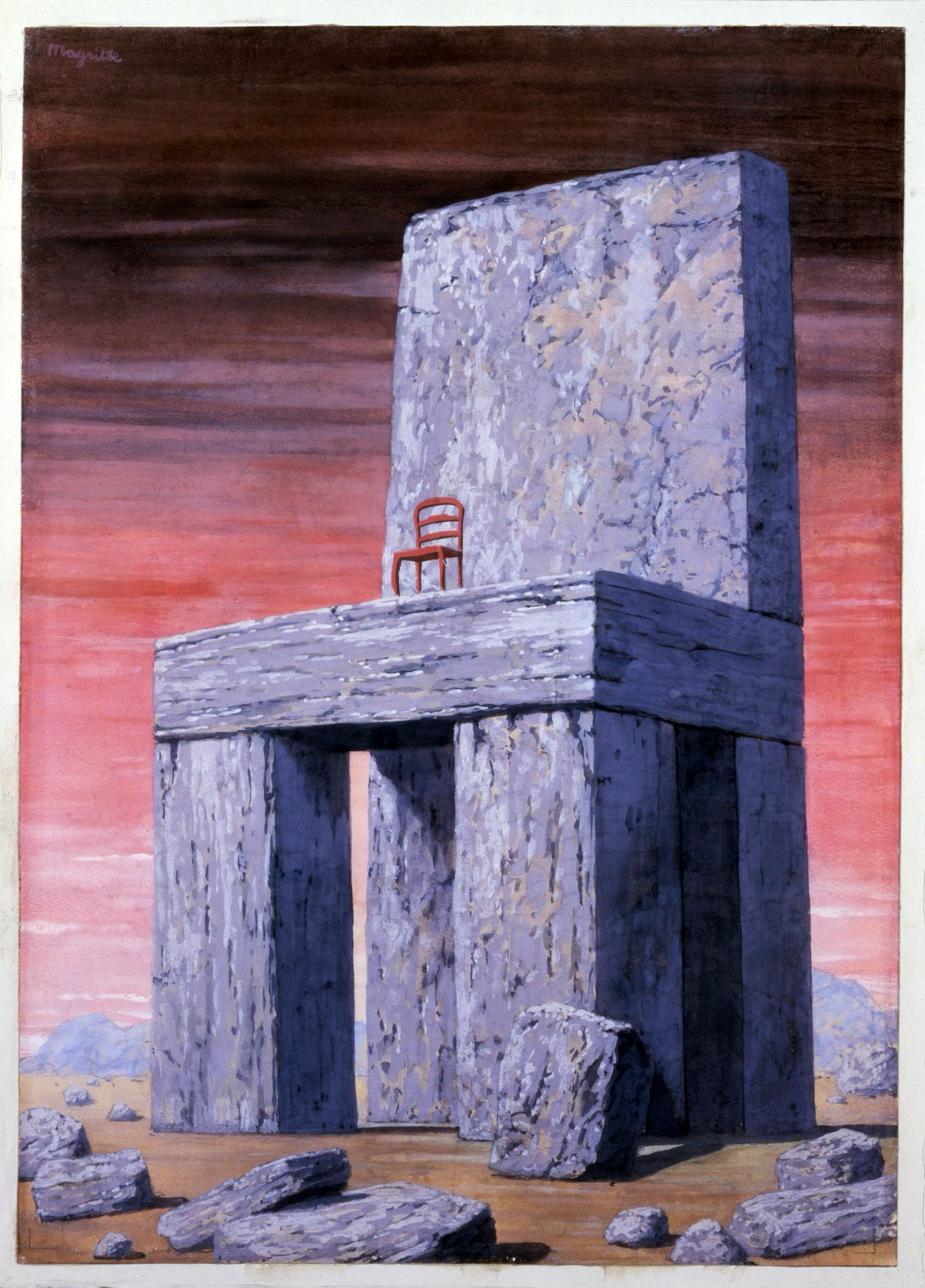 A painting of a stone chair with a smaller wooden chair resting on it