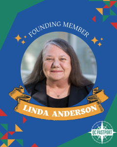 A photo of Linda Anderson with the logo and 4-color background graphics of QC PastPort.